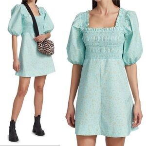 NWT Ganni Corydalis Blue Floral Mini Dress size 36 | US 4 Smocked Puff Sleeves